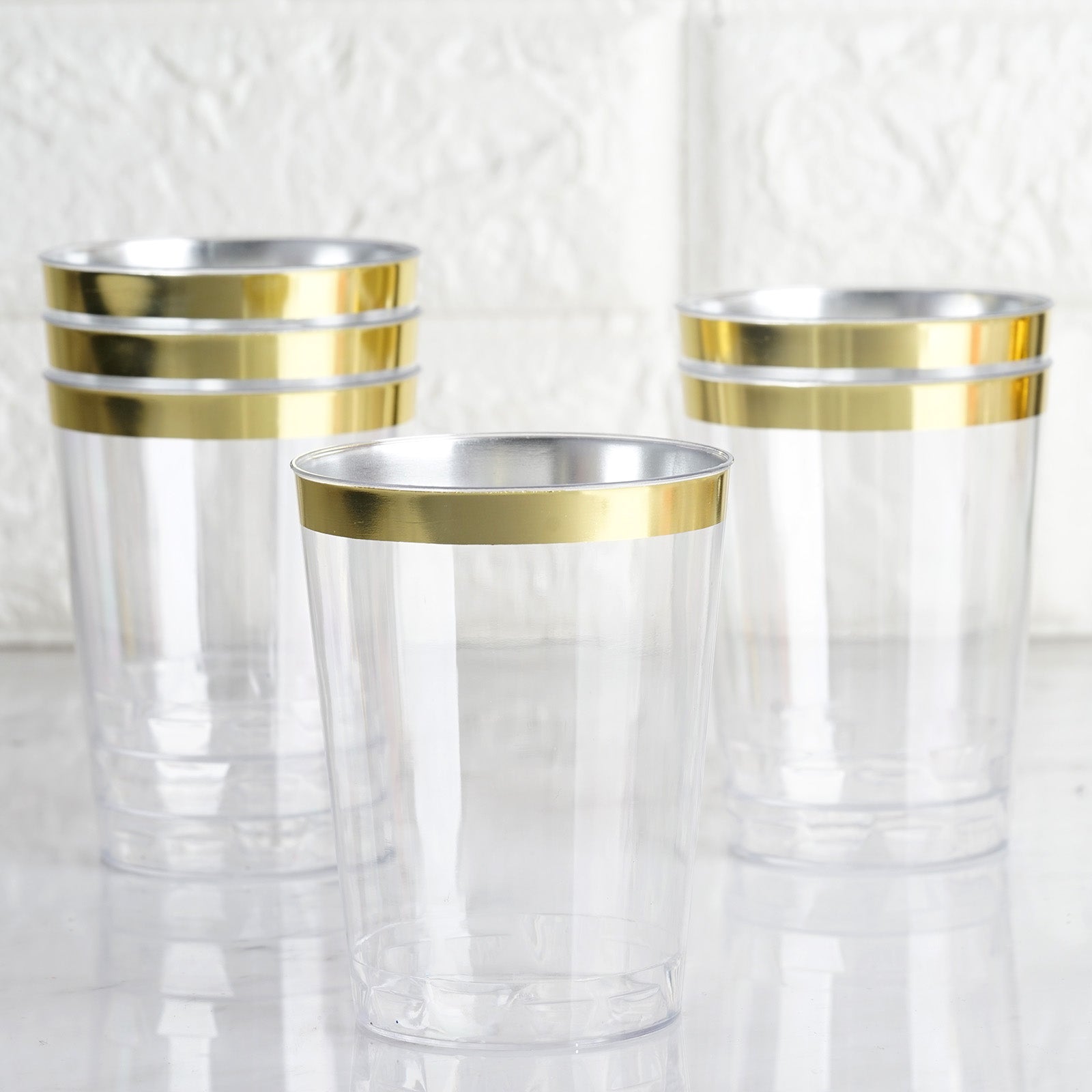 25 Pack | 10oz Clear Crystal Collection Plastic Disposable Cups With Gold Rim