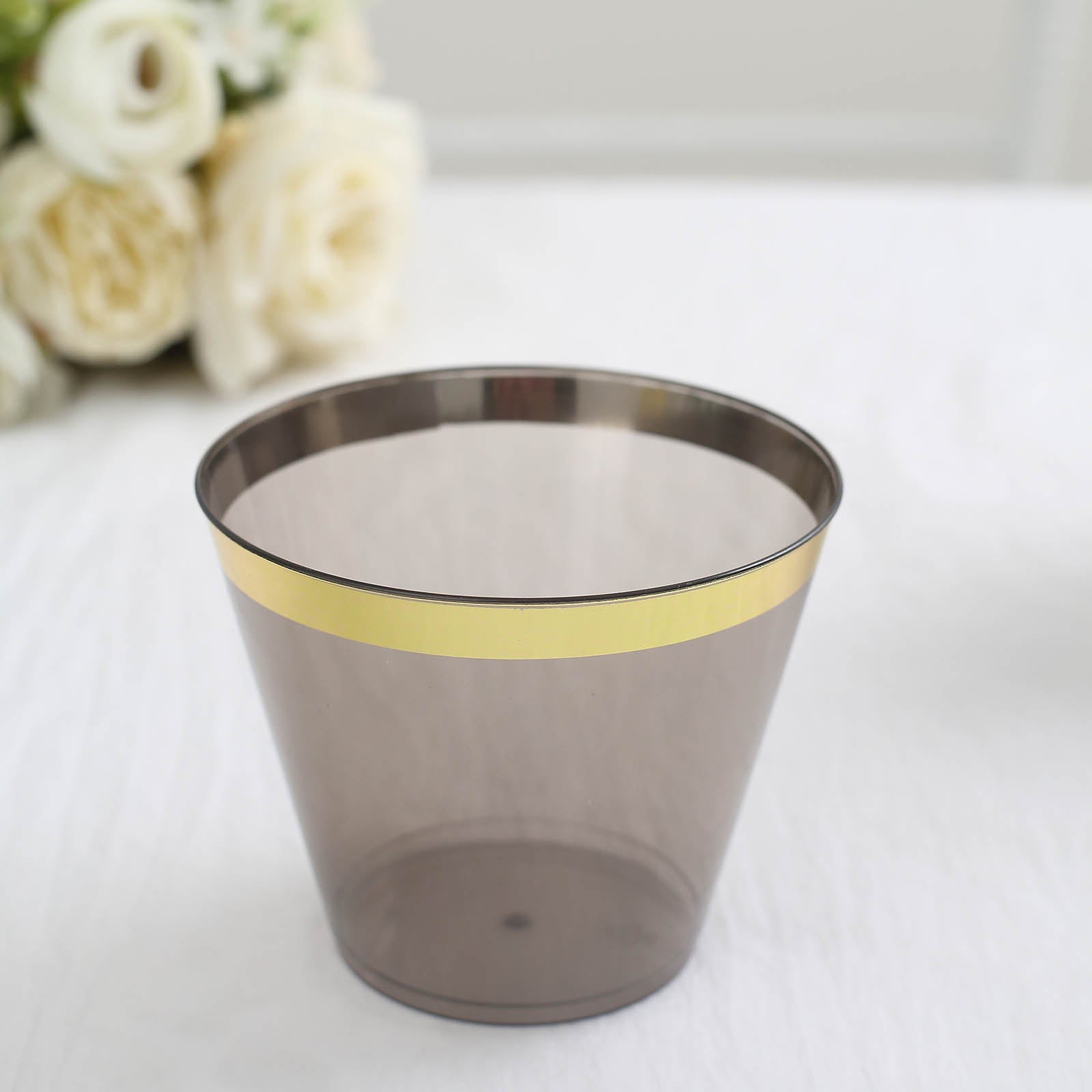 25 Pack | 9oz Crystal Black Gold Rimmed Short Plastic Party Cups
