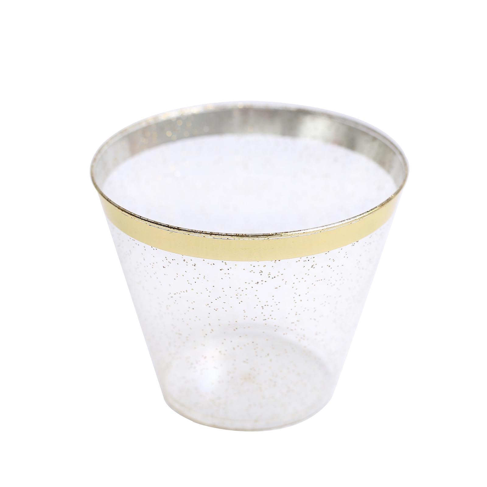 25 Pack | 9oz Clear Gold Glittered Crystal Collection Plastic Tumblers, Disposable Cocktail Cups