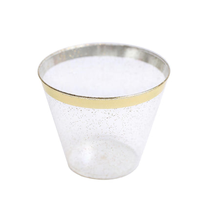 25 Pack | 9oz Clear Gold Glittered Crystal Collection Plastic Tumblers, Disposable Cocktail Cups