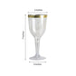 Clear plastic wine goblet with a gold rim, 9oz, disposable, hollow stem.