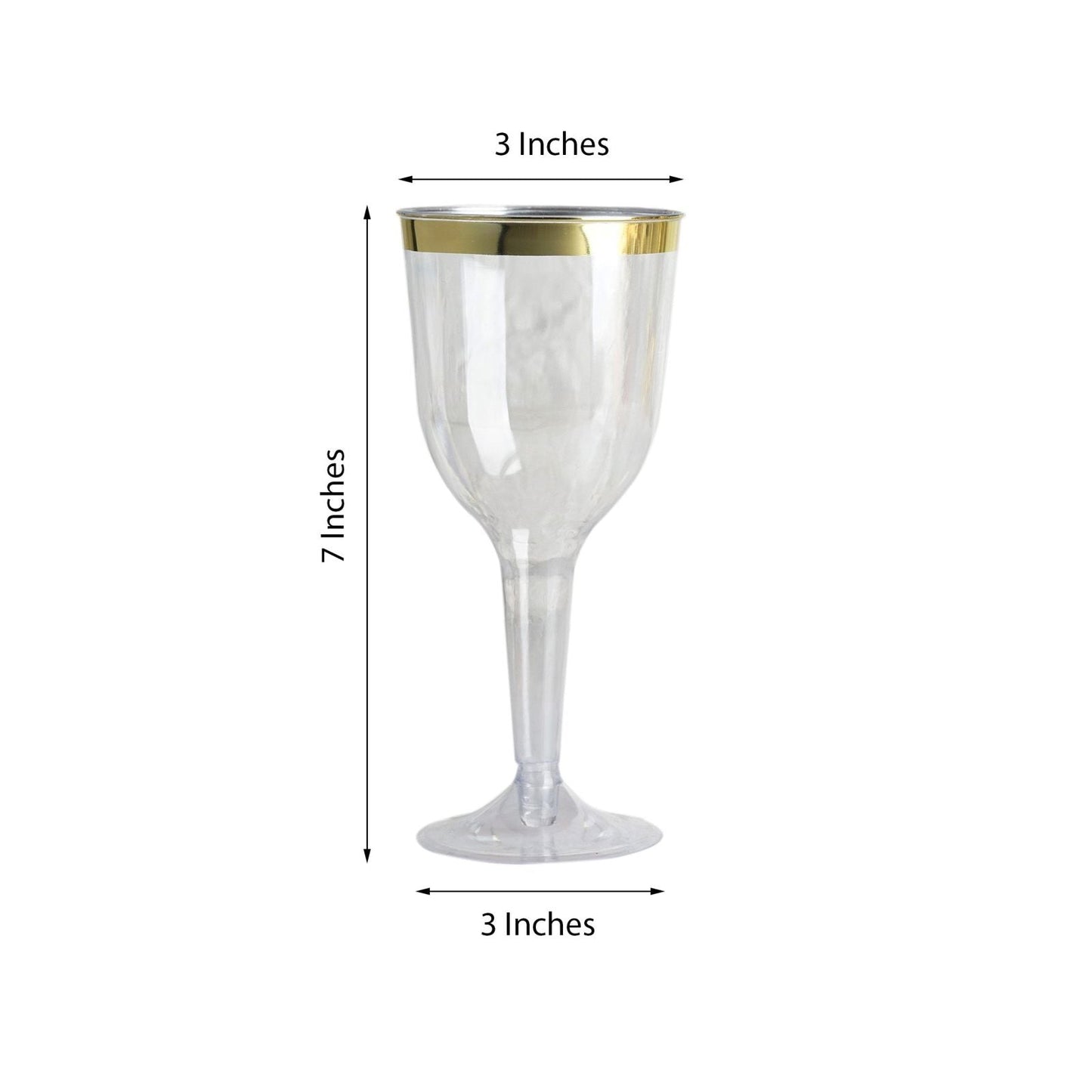 Clear plastic wine goblet with a gold rim, 9oz, disposable, hollow stem.