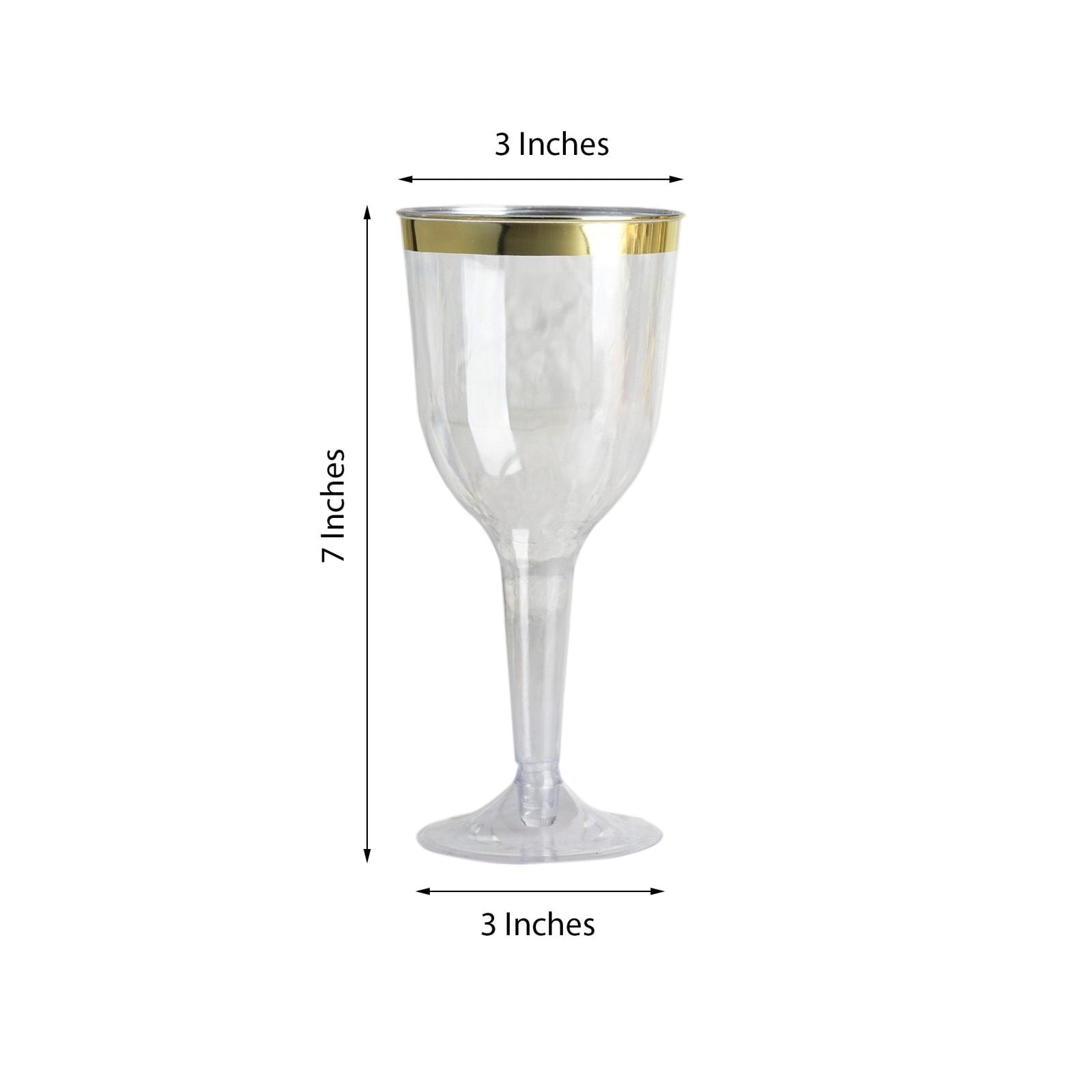 Clear plastic wine goblet with a gold rim, 9oz, disposable, hollow stem.