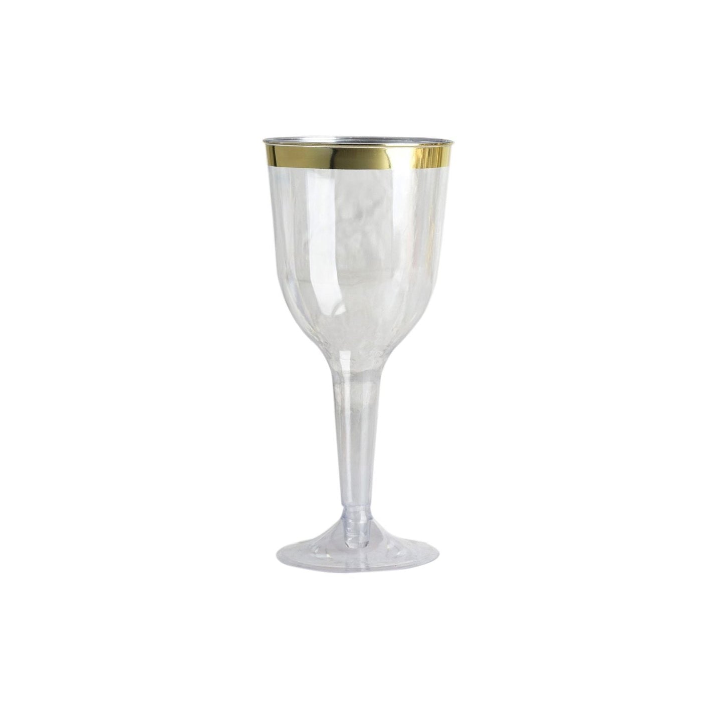 Clear plastic wine goblet with gold rim, disposable and elegant design.