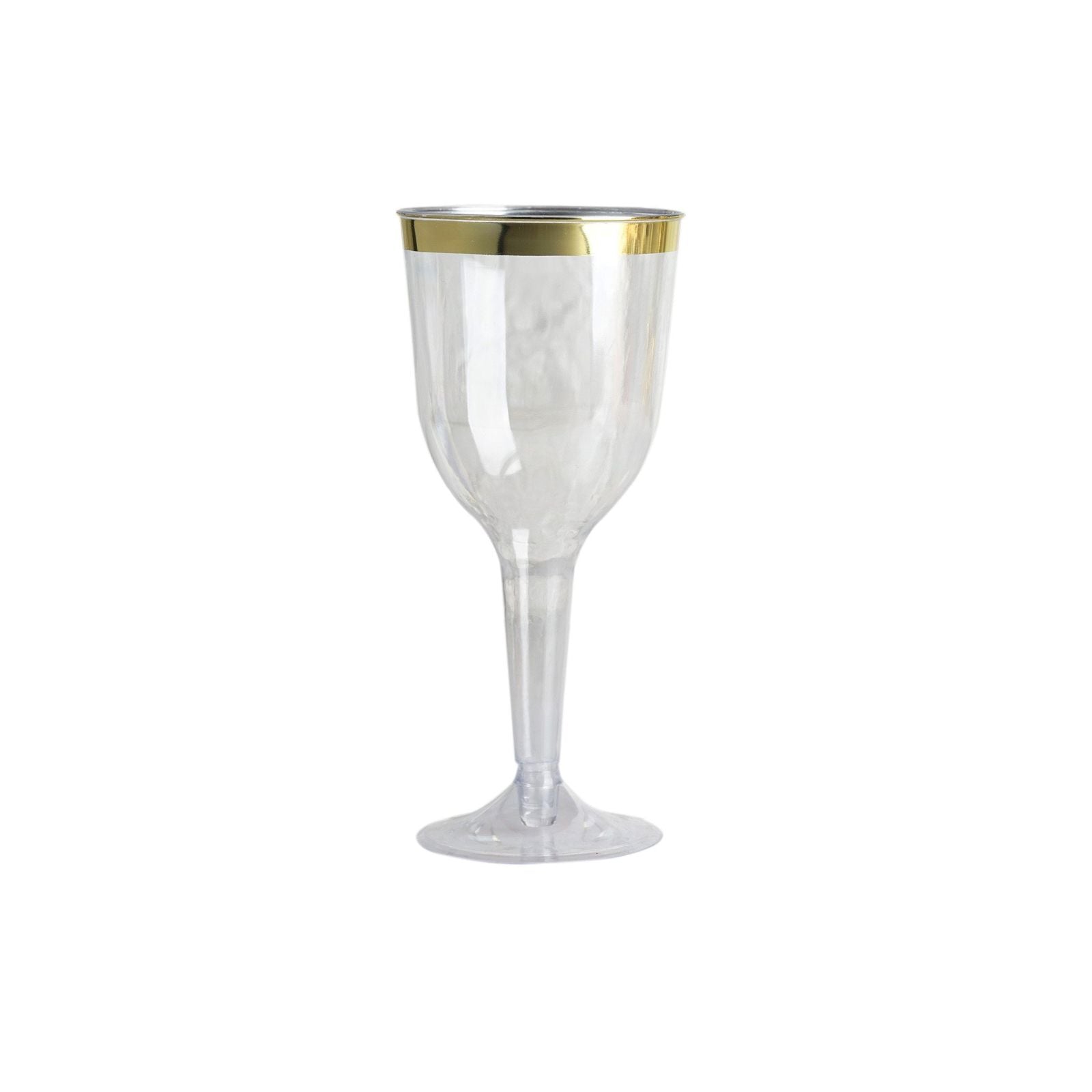 Clear plastic wine goblet with gold rim, disposable and elegant design.