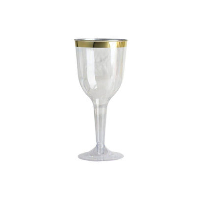 Clear plastic wine goblet with gold rim, disposable and elegant design.