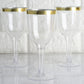 Clear plastic wine goblet glasses with gold rim, set of three.