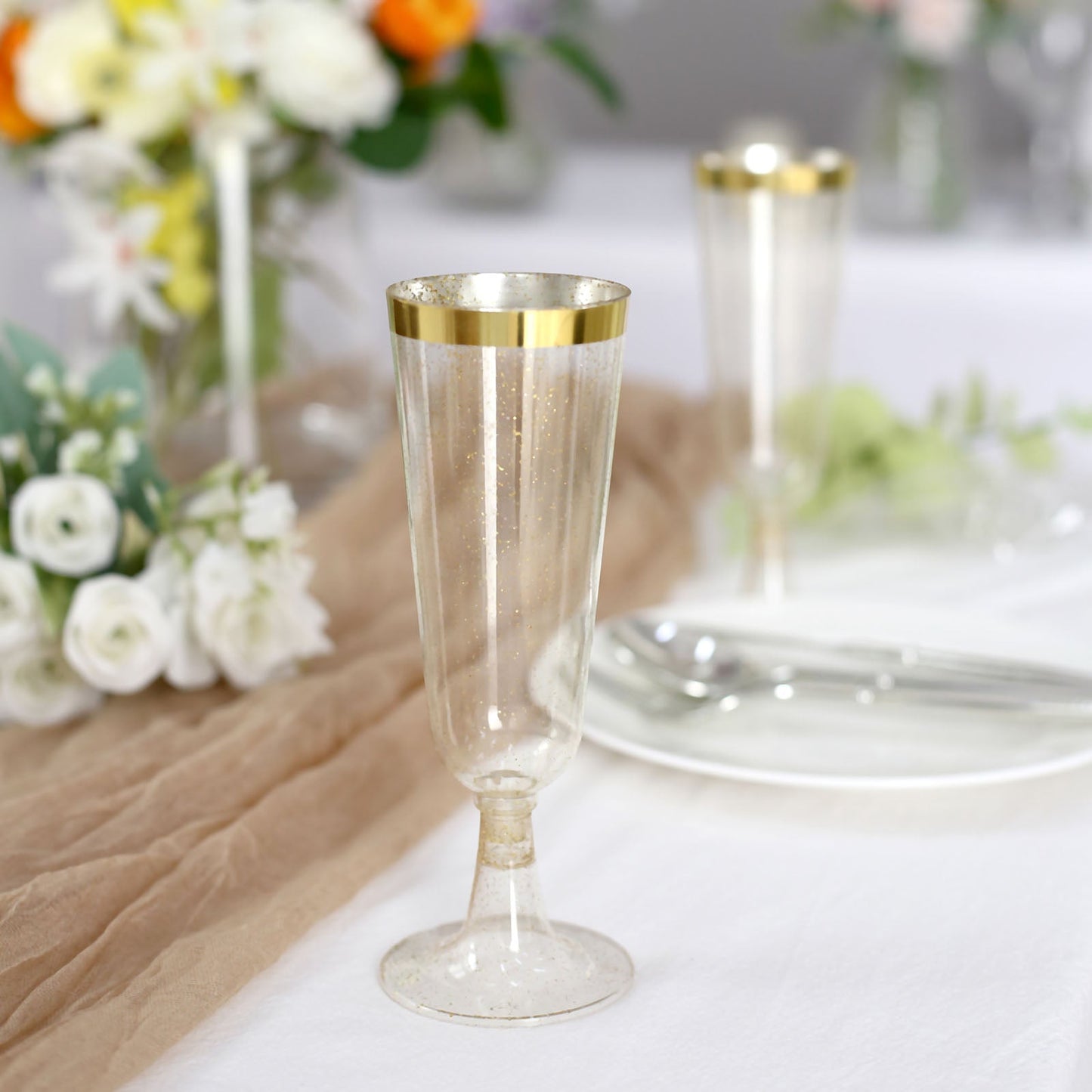 12 Pack Clear Gold Glittered Disposable Champagne Flutes with Gold Rim, 6oz Transparent Plastic Toasting Cocktail Wine Glasses with Detachable Base - 6.25"