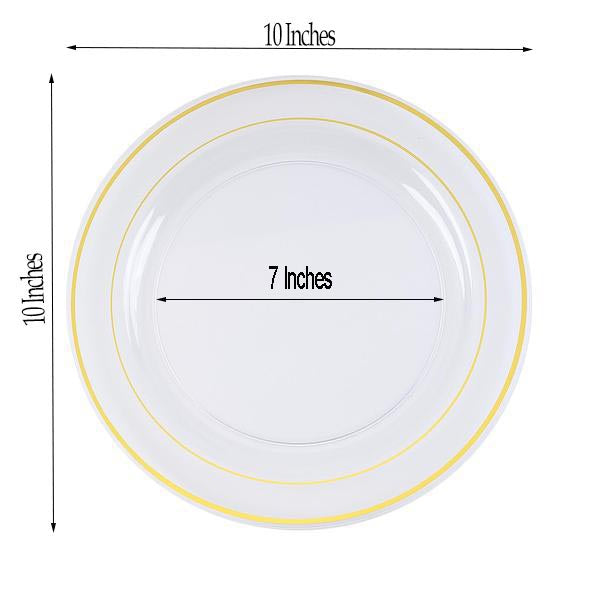 10 Pack | 10inch Très Chic Gold Rim Clear Plastic Dinner Plates, Disposable Party Plates