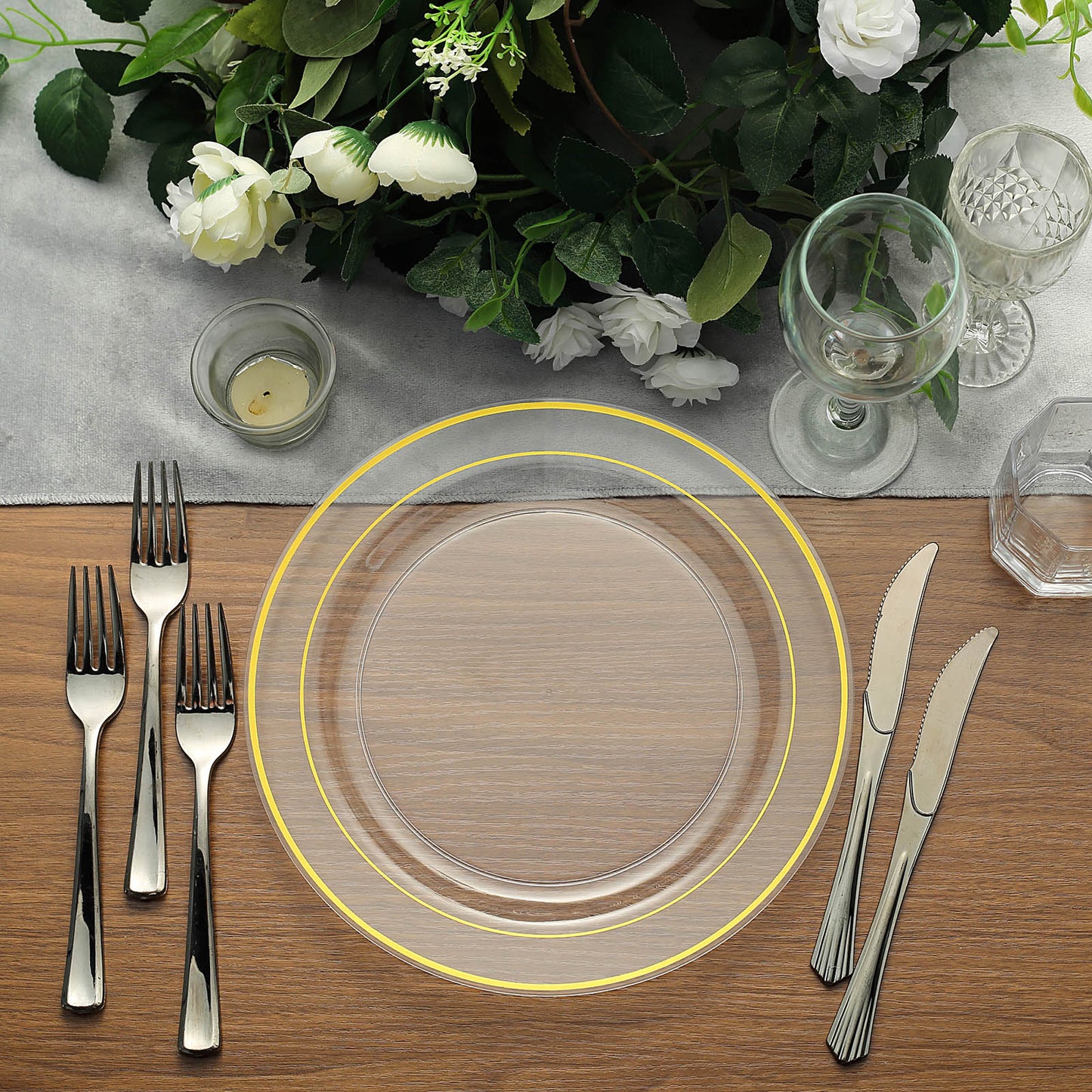 10 Pack | 10inch Très Chic Gold Rim Clear Plastic Dinner Plates, Disposable Party Plates
