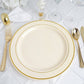 10 Pack | 10" Très Chic Gold Rim Ivory Plastic Dinner Plates, Disposable Party Plates