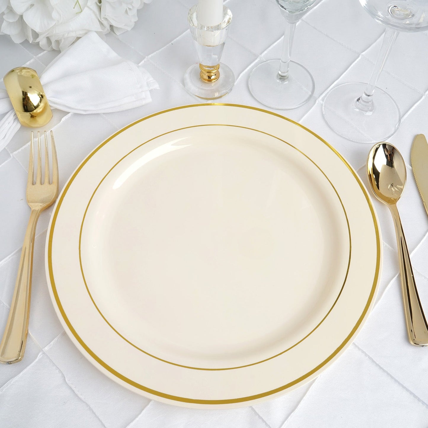 10 Pack | 10" Très Chic Gold Rim Ivory Plastic Dinner Plates, Disposable Party Plates