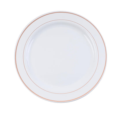 10 Pack | 10" Très Chic Rose Gold Rim White Plastic Dinner Plates, Disposable Party Plates
