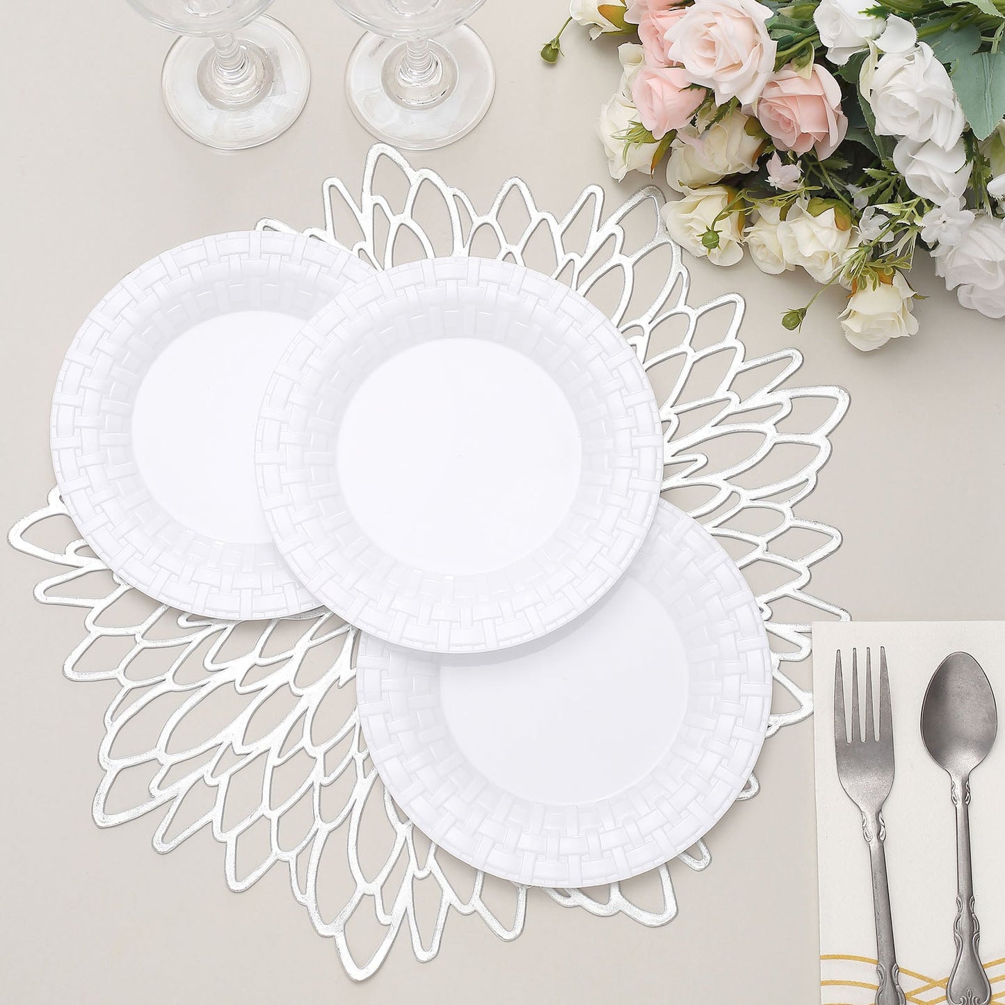 10 Pack Of White Hard Plastic Dessert Plates In Basketweave Rim Style