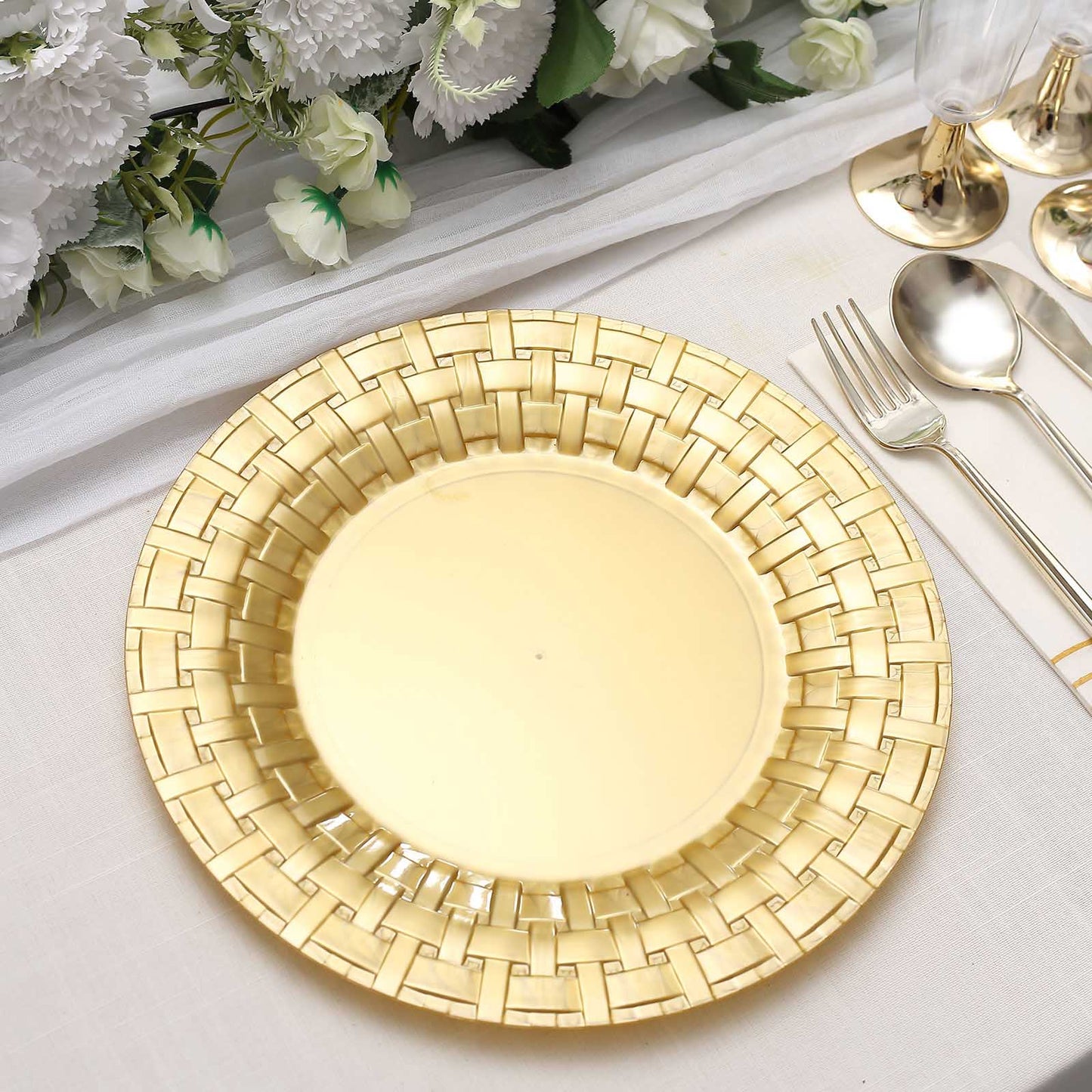 10 Pack | 10" Gold Basketweave Rim Plastic Dinner Plates, Round Disposable Plates