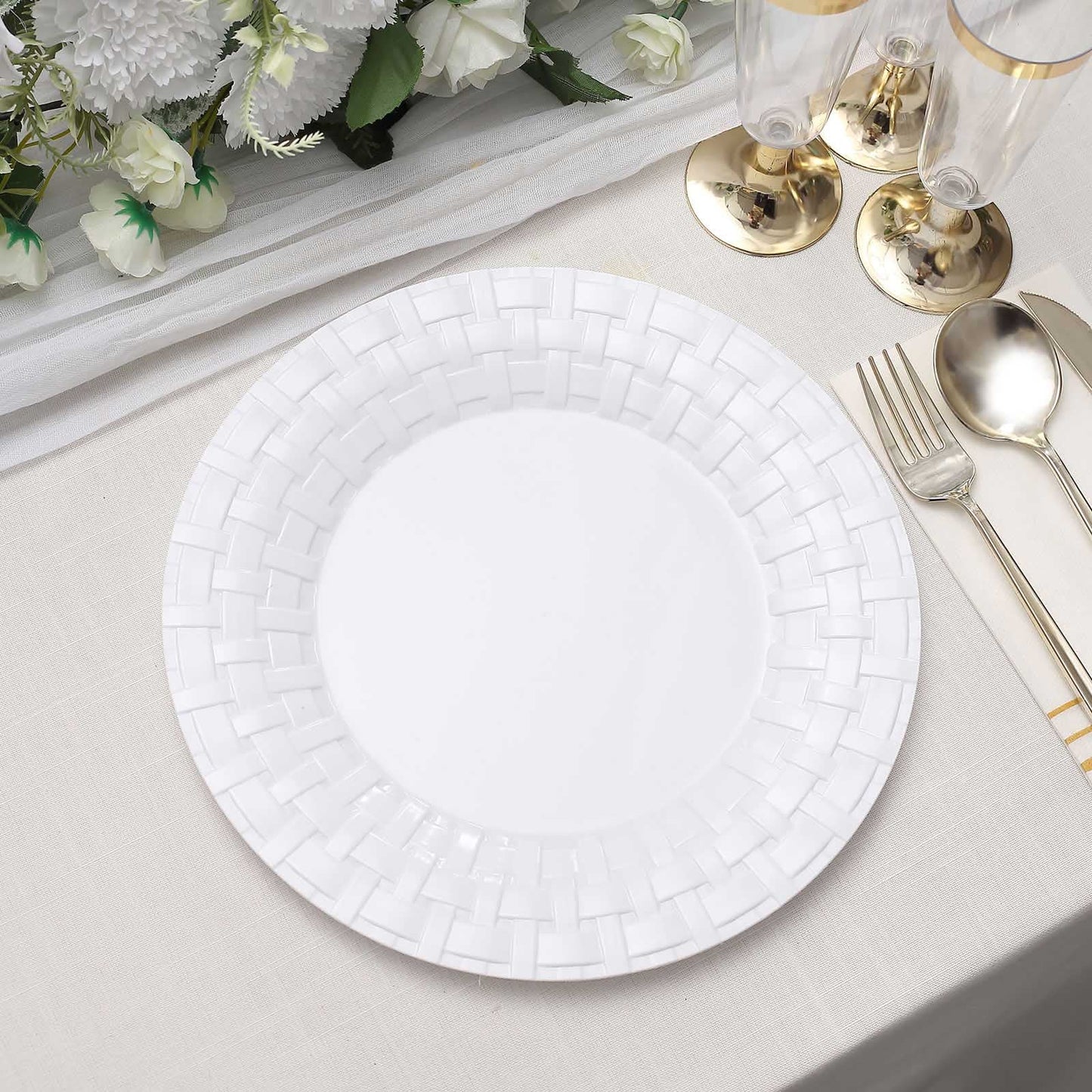 10 Pack | 10" White Basketweave Rim Plastic Dinner Plates, Round Disposable Plates