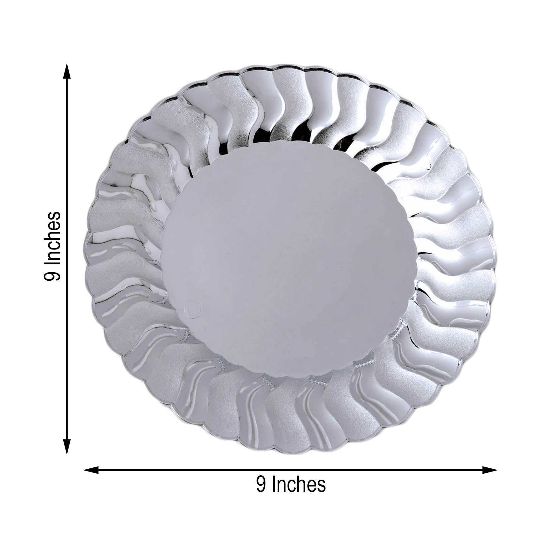 12 Pack - 9inch Flared Rim Silver Plastic Disposable Dinner Plates - Round