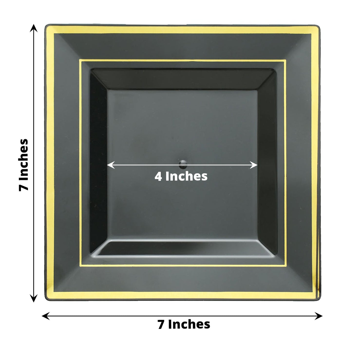 10 Pack of 7 Inch Gold Trim Square Black Plastic Dessert Plates 
