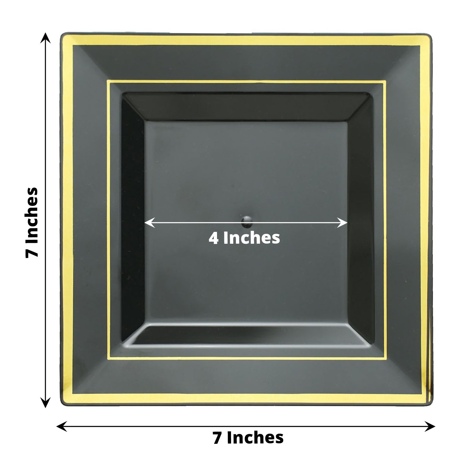 10 Pack of 7 Inch Gold Trim Square Black Plastic Dessert Plates 