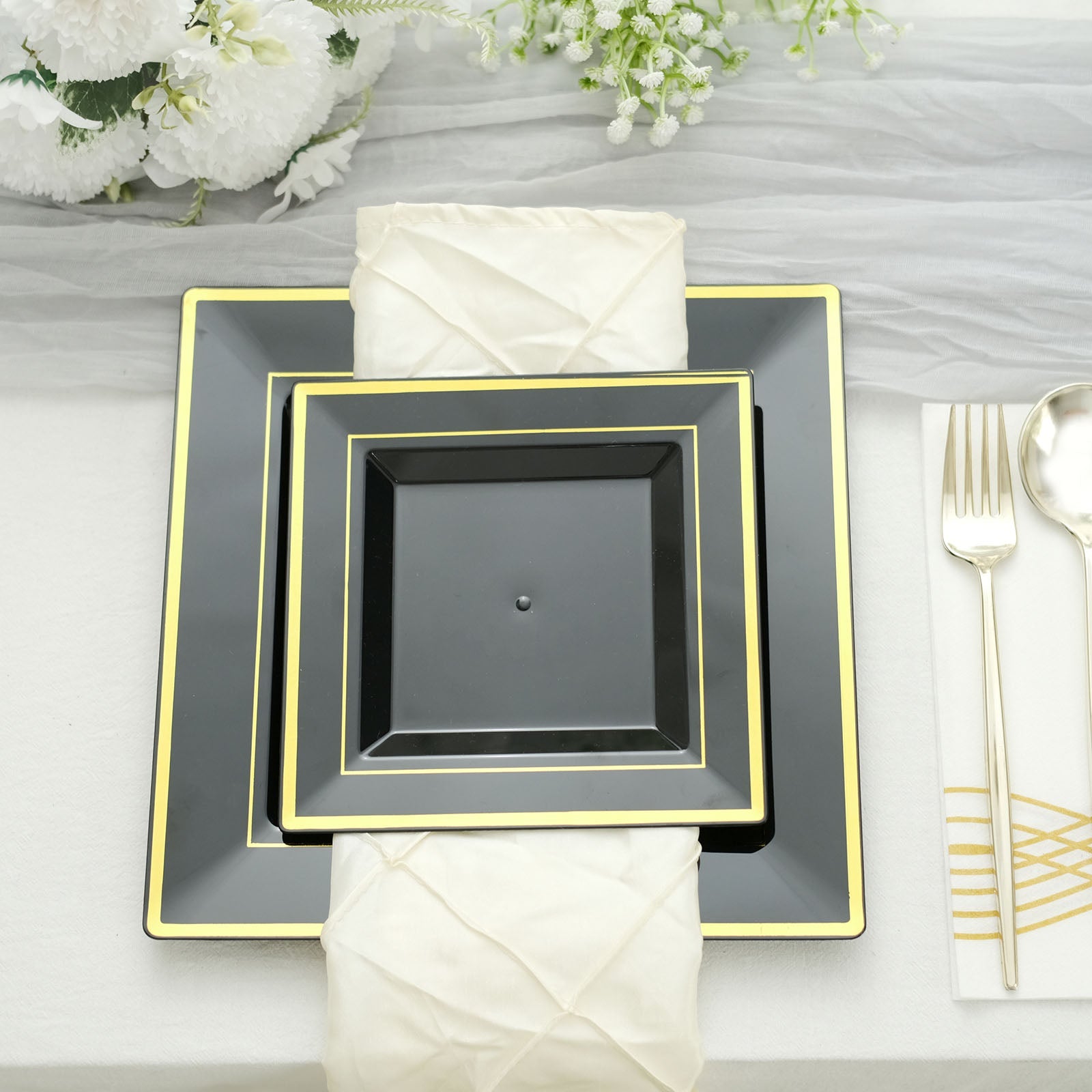 10 Pack of Square Black Plastic Dessert Plates Gold Trim 7 Inch