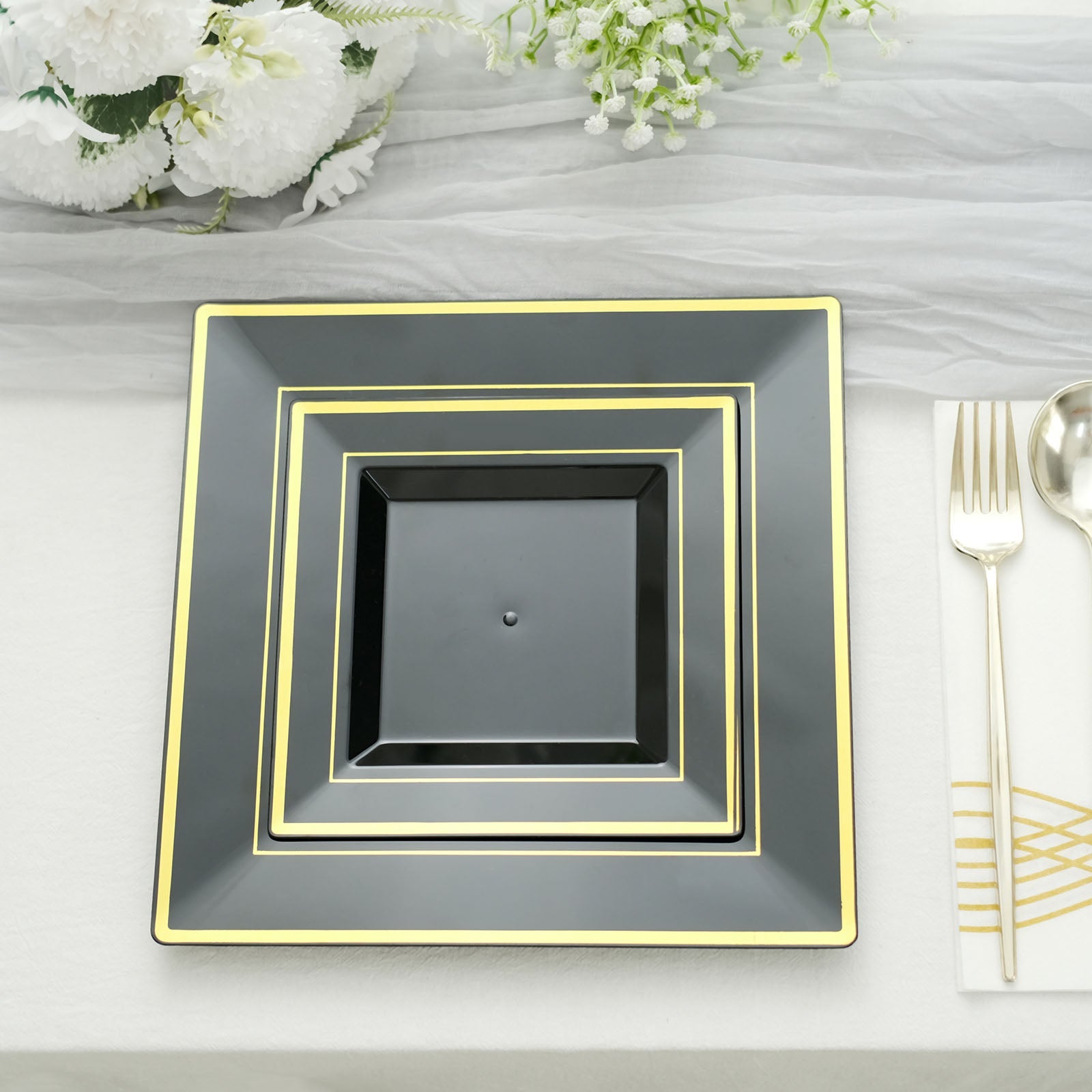 10 Pack Square Black 7 Inch Plastic Dessert Plates Gold Trim
