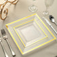 10 Pack | 7" Gold Trim Clear Plastic Square Dessert Plates, Disposable Appetizer Salad Plates