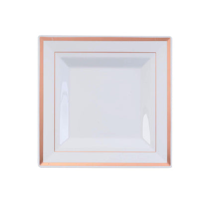 10 Pack - 7inch Rose Gold Trim White Square Plastic Salad Dessert Plates