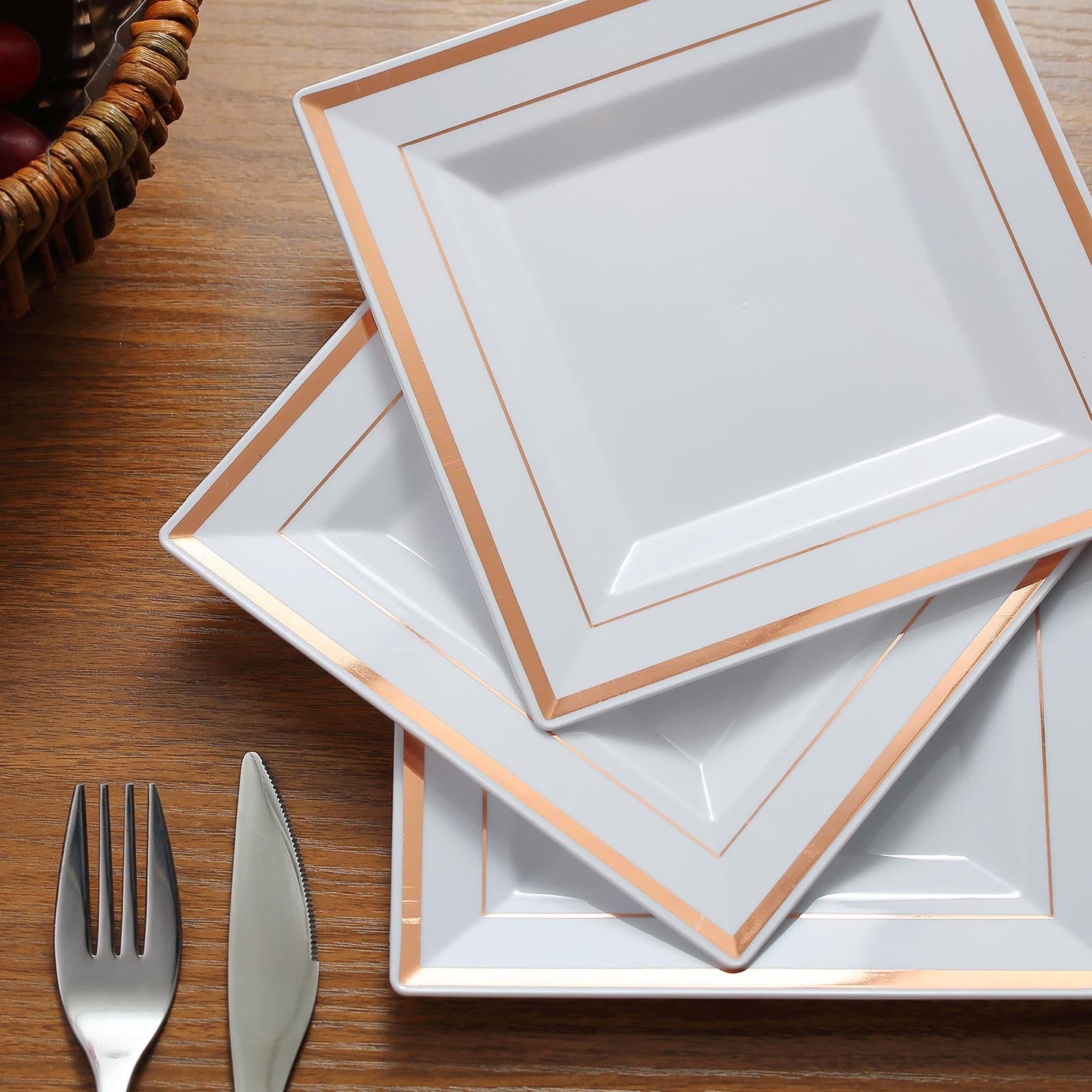 10 Pack - 7inch Rose Gold Trim White Square Plastic Salad Dessert Plates