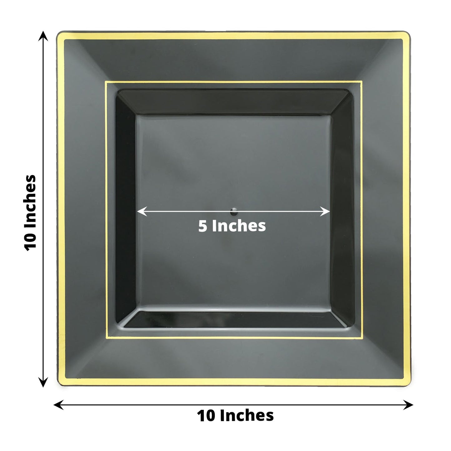 Gold trim black square disposable dinner plate, 10 inches.