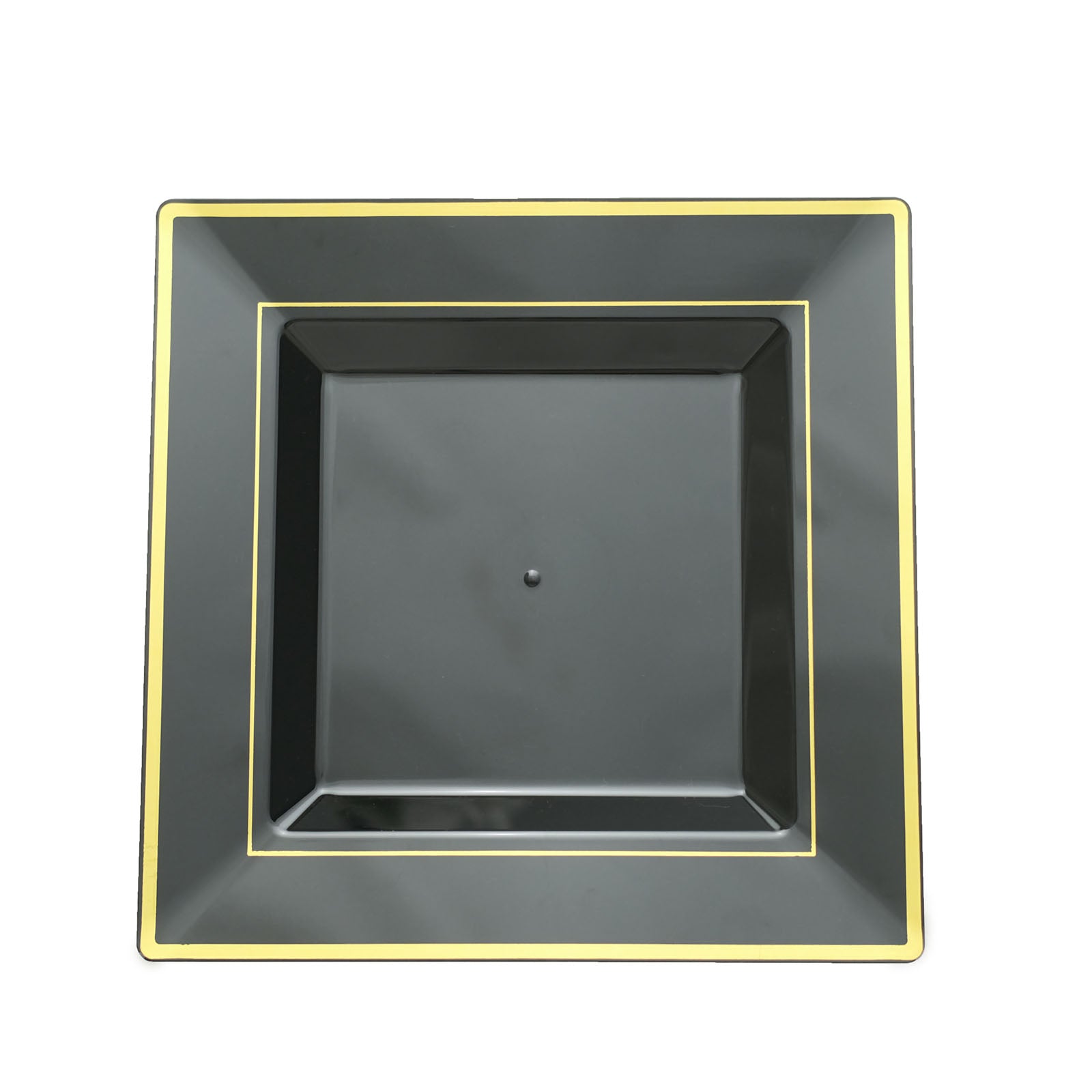 Gold trim black square disposable dinner plate.