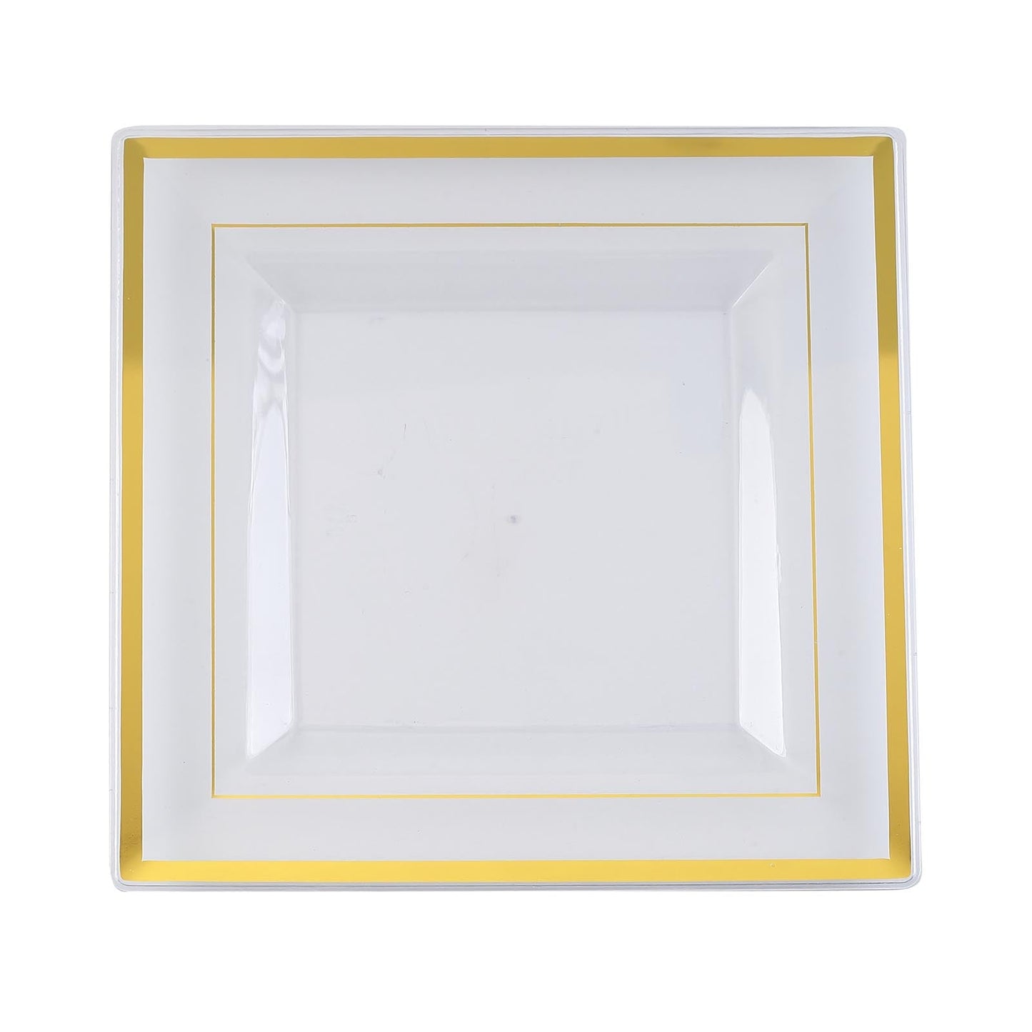 10 Pack - 10inch Gold Trim Clear Square Plastic Disposable Dinner Plates#whtbkgd