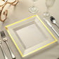 10 Pack | 10" Gold Trim Clear Square Plastic Dinner Plates, Disposable Party Plates