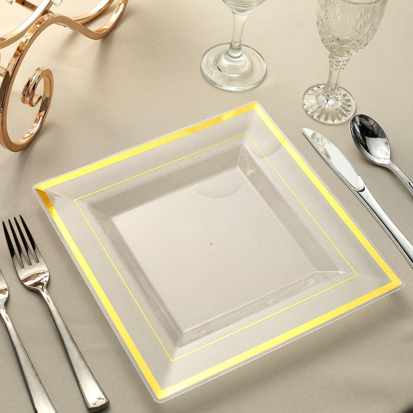 10 Pack | 10" Gold Trim Clear Square Plastic Dinner Plates, Disposable Party Plates