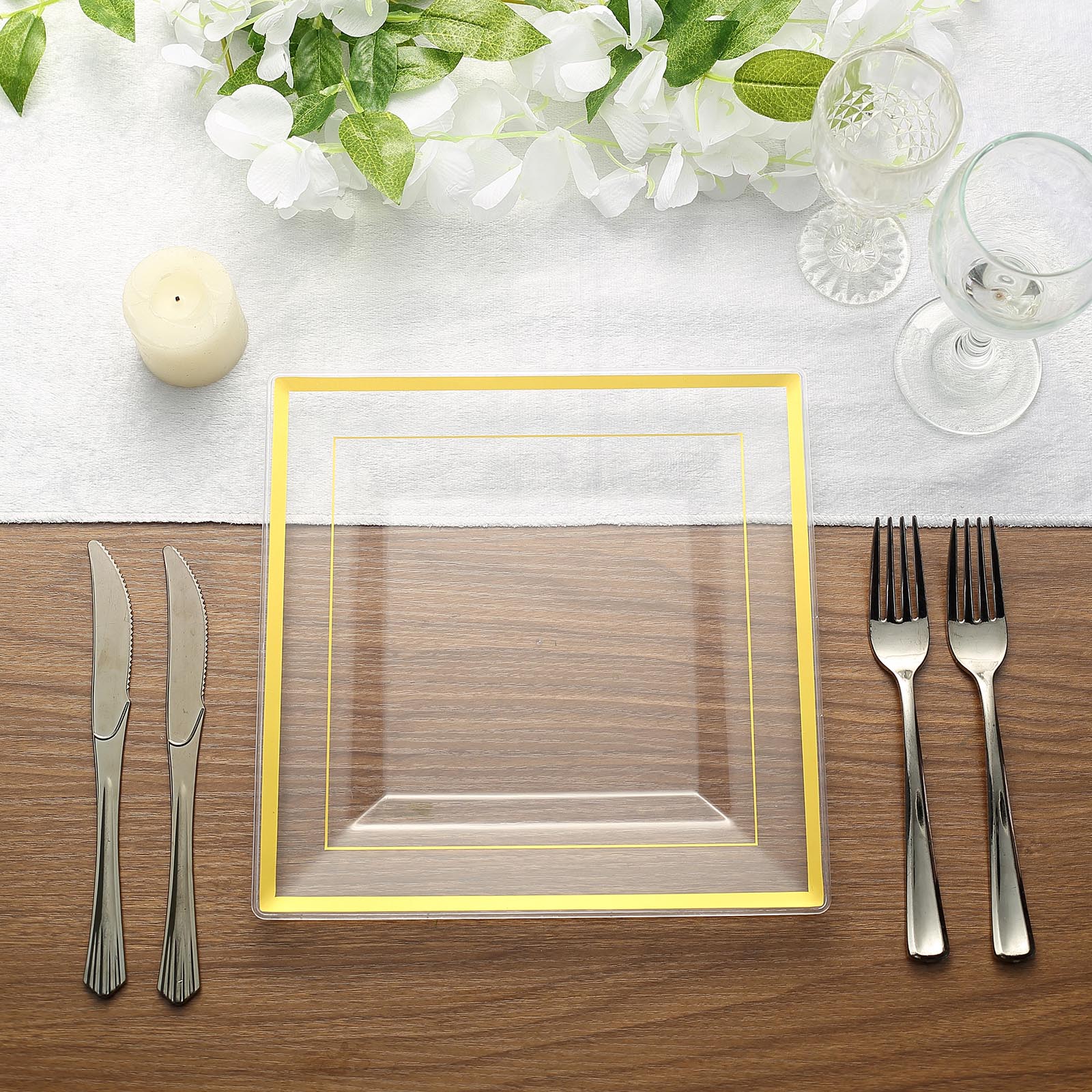 10 Pack - 10inch Gold Trim Clear Square Plastic Disposable Dinner Plates