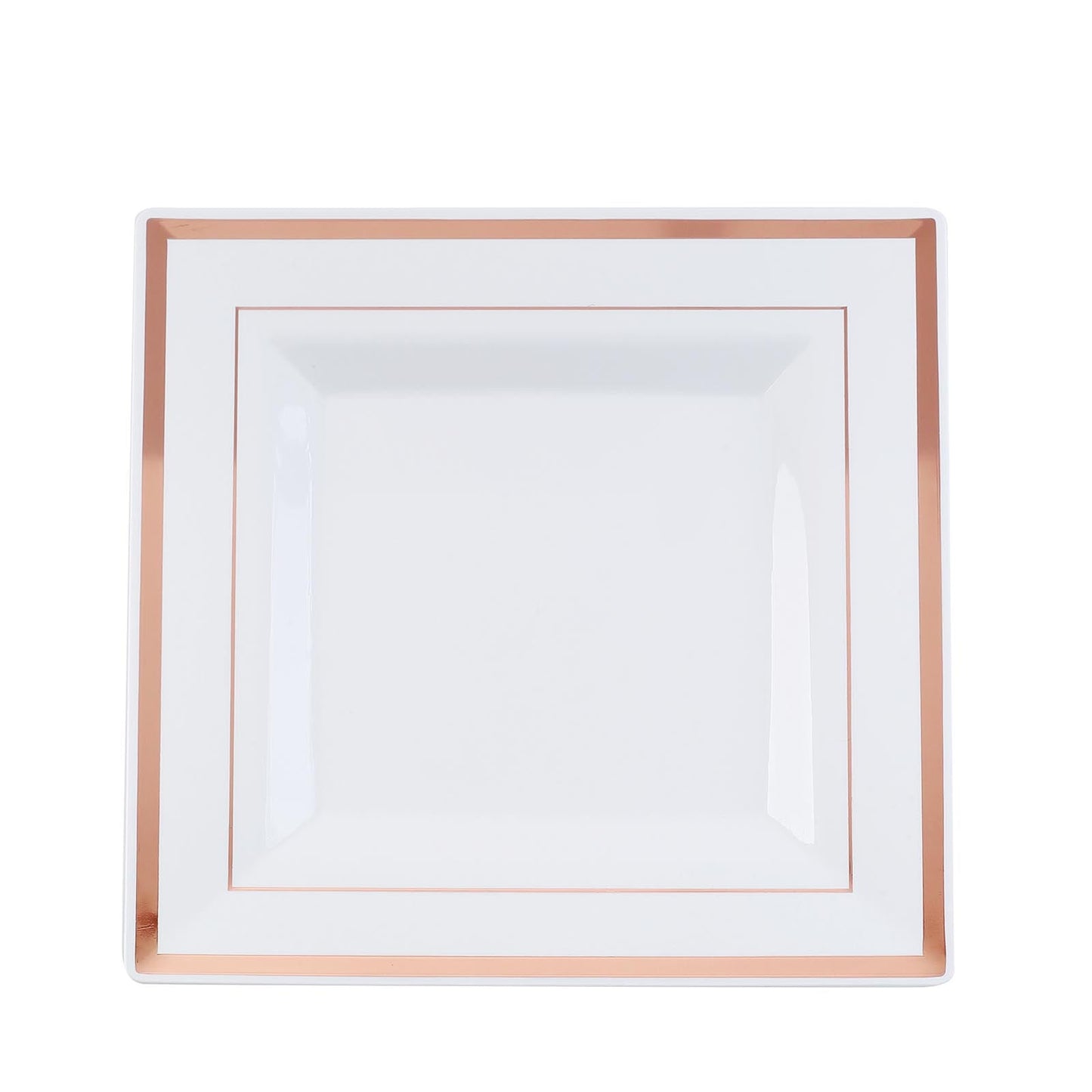 Rose gold trim white square plastic dinner plate.