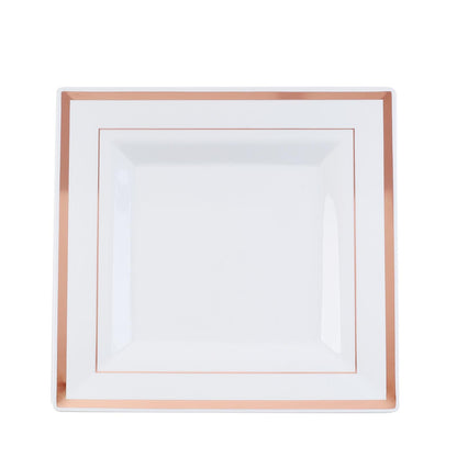 Rose gold trim white square plastic dinner plate.