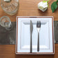 Rose gold trim white square plastic dinner plate with cutlery.