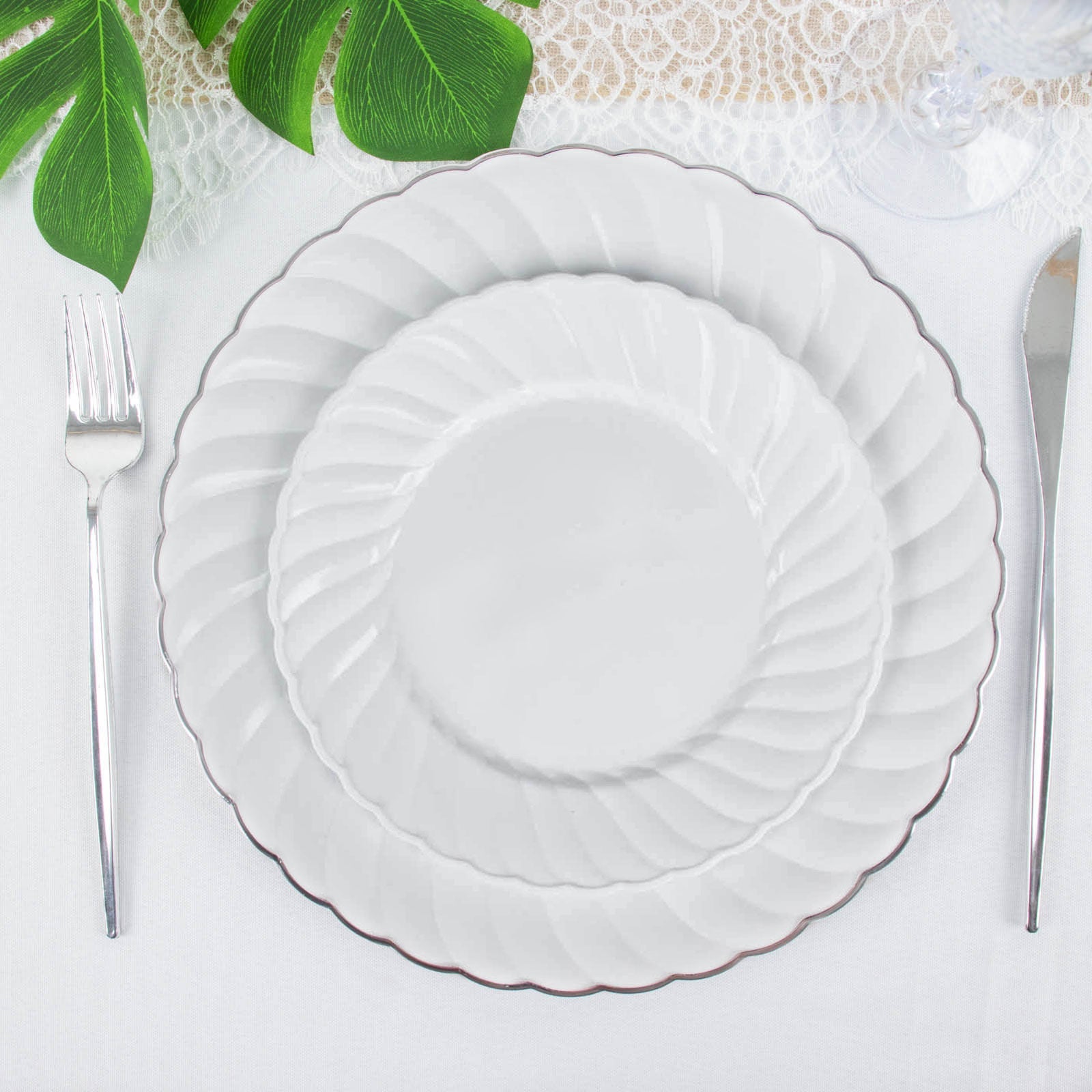 12 Pack | 7.5inch White Flair Rim Plastic Dessert Appetizer Plates, Round Disposable Salad Plates
