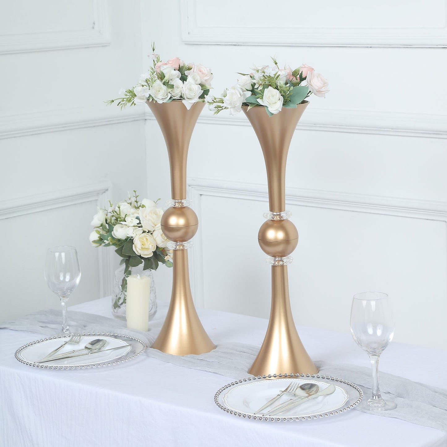 27 Inch Reversible Gold Plastic Crystal Trumpet Vases 2 Pack