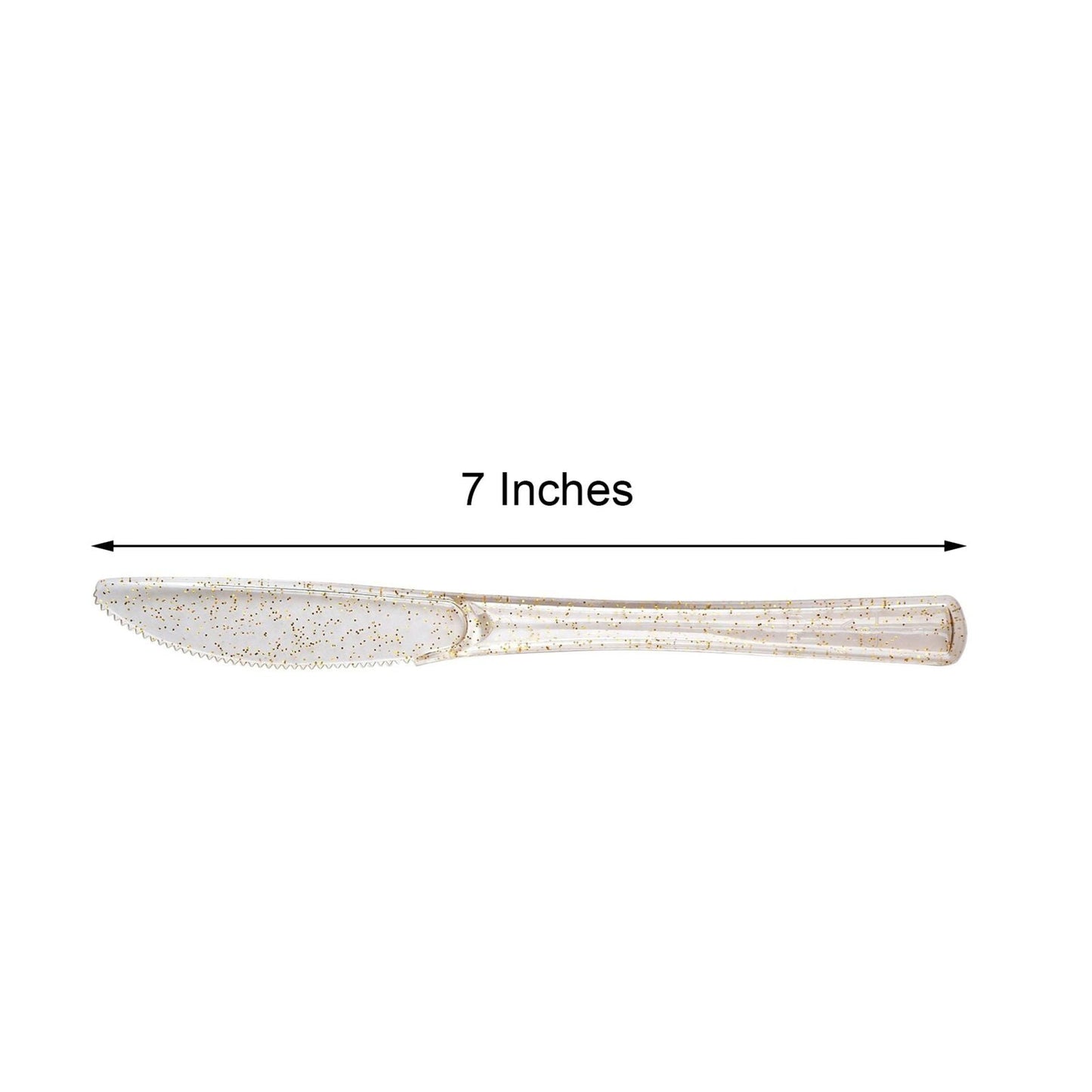 Clear gold glittered plastic knife utensil, 7 inches long.