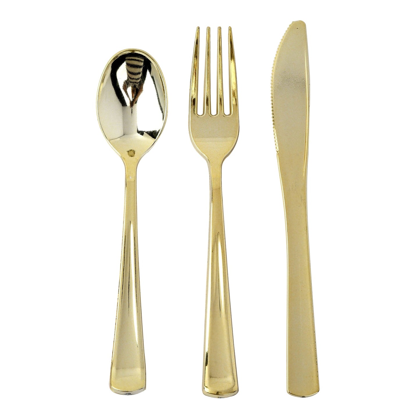 7" Metallic Gold Heavy Duty Plastic Spoon, Fork, and Knife Set, 25 Pack