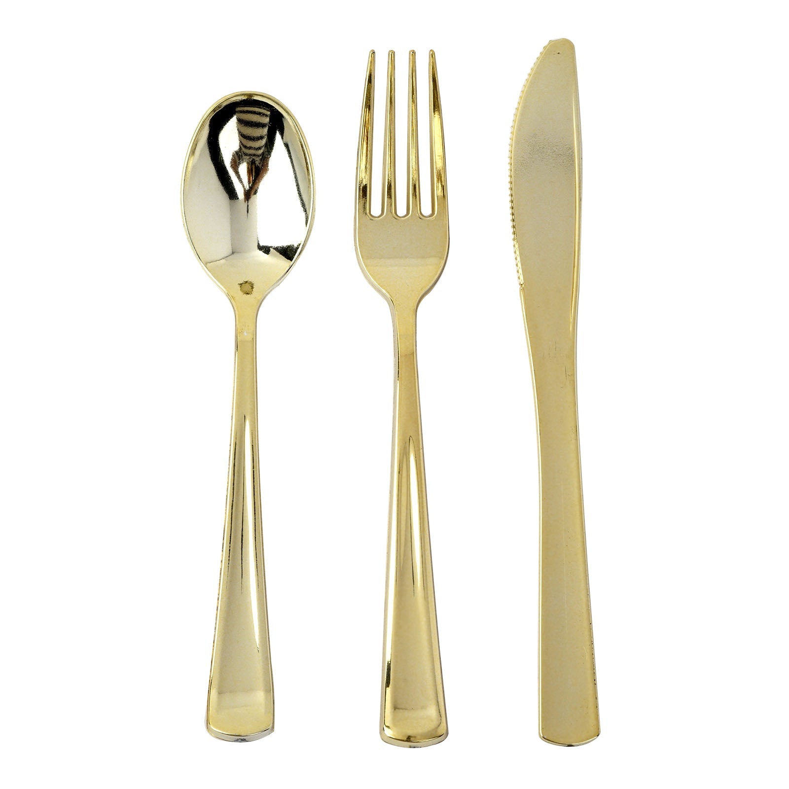 7" Metallic Gold Heavy Duty Plastic Spoon, Fork, and Knife Set, 25 Pack