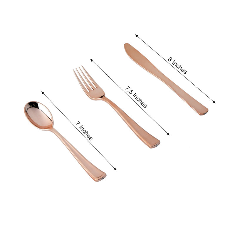 Metallic rose gold disposable cutlery set, includes fork, knife, and spoon.