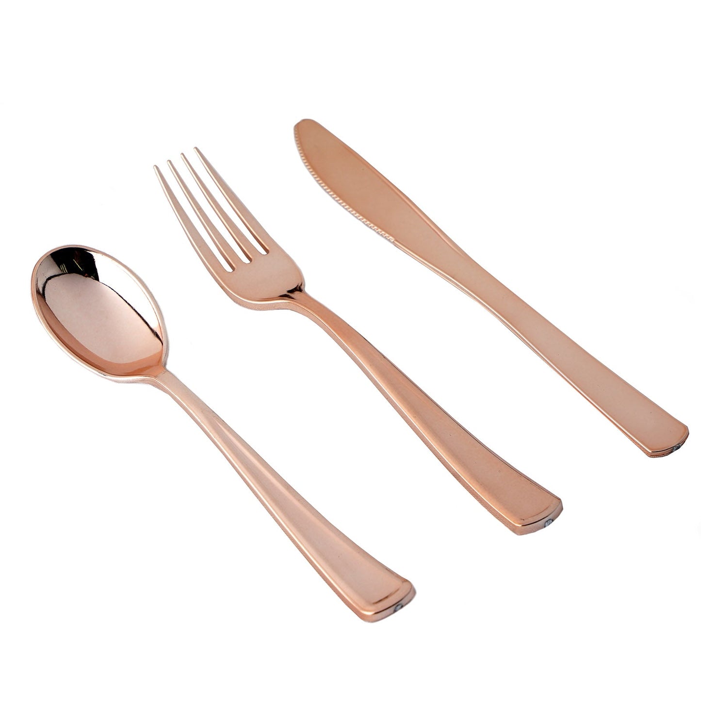 Metallic rose gold heavy duty disposable cutlery set with spoon, fork, and knife.
