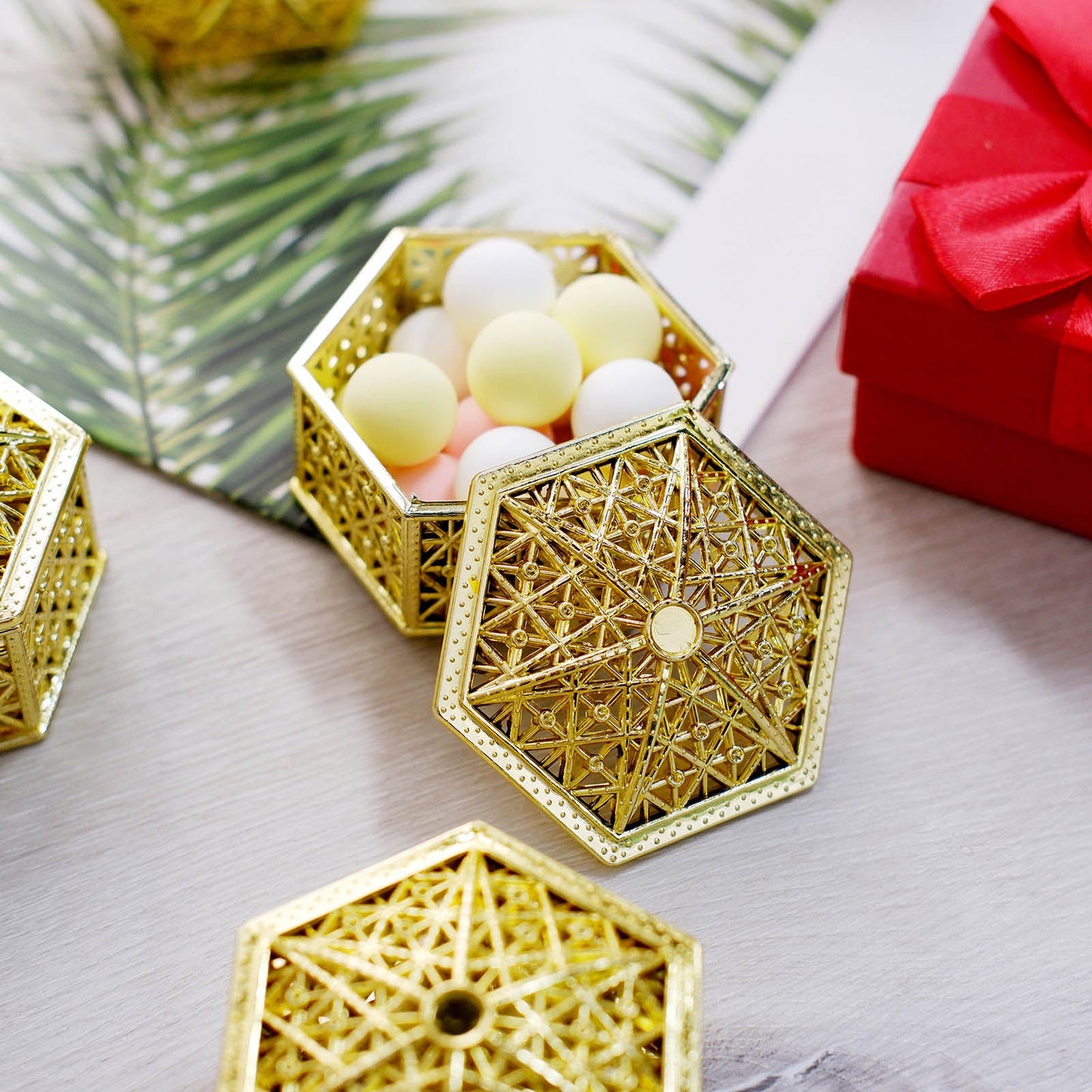 12 Pack | 3" Gold Vintage Hexagon Party Favor Candy Boxes, Treat Gift Container