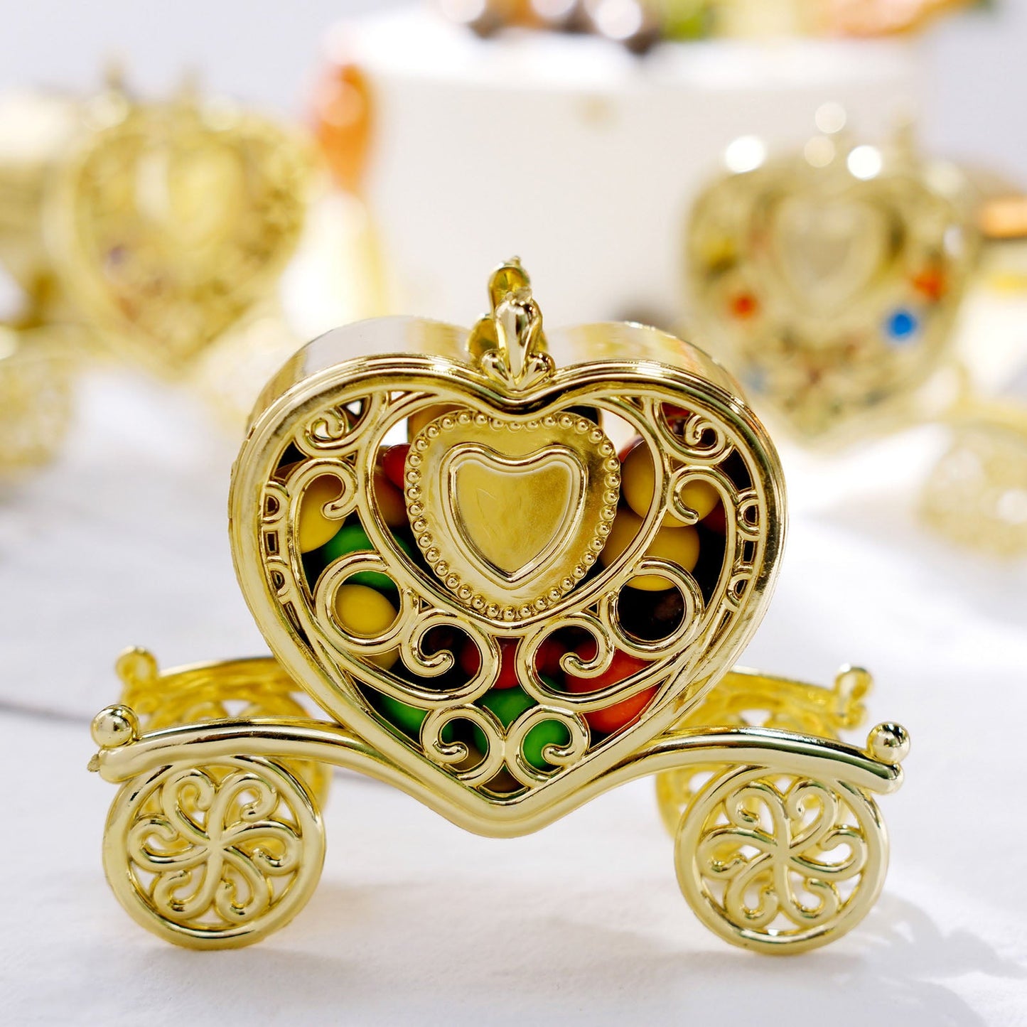 12 Pack | 4" Gold Heart Carriage Party Favor Gift Boxes, Candy Treat Containers