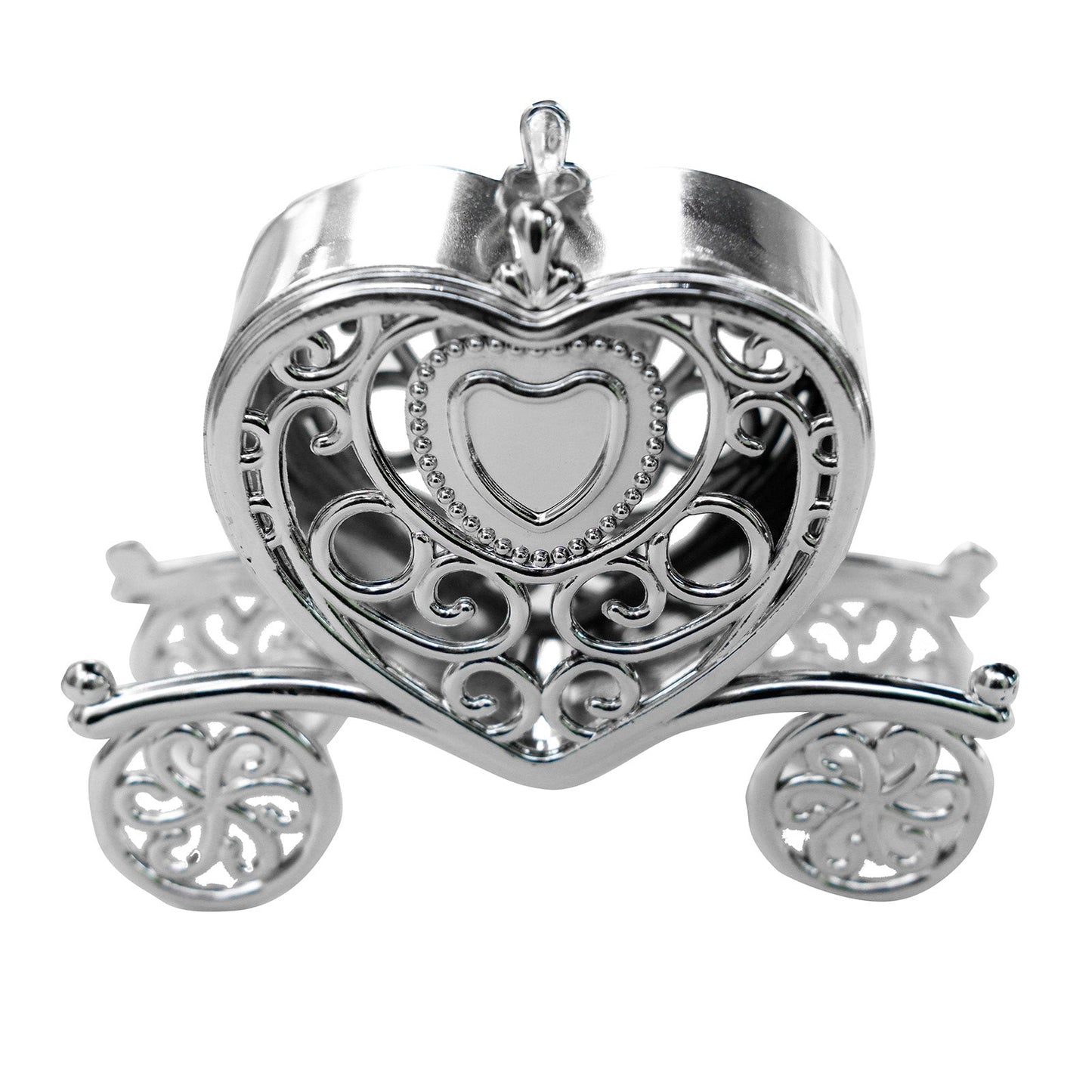 Silver heart carriage party favor gift box, perfect for treats and candies.