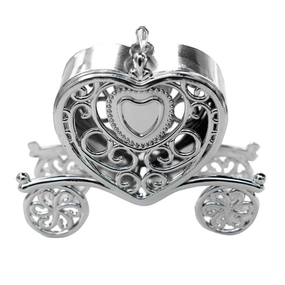 Silver heart carriage party favor gift box, perfect for treats and candies.
