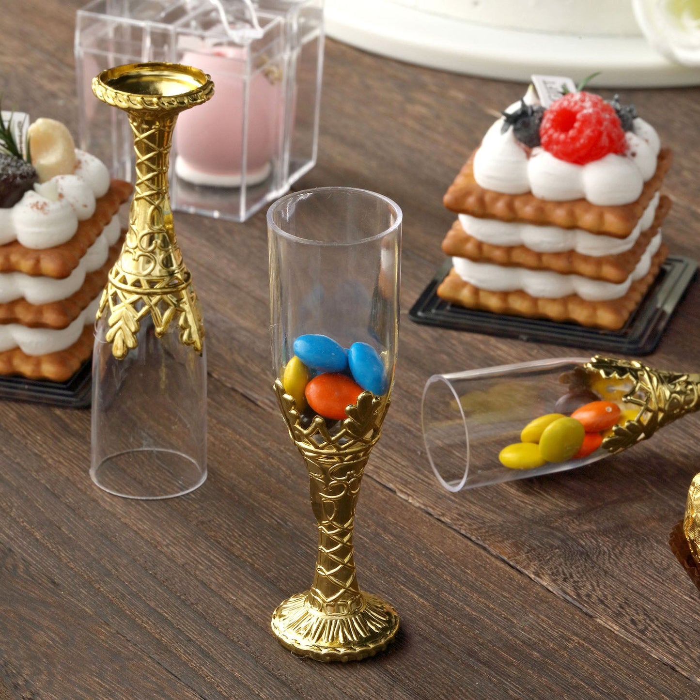 12 Pack Mini Clear Plastic Champagne Glasses with Gold Stem 4 Inch Glass Party and Gift Favors