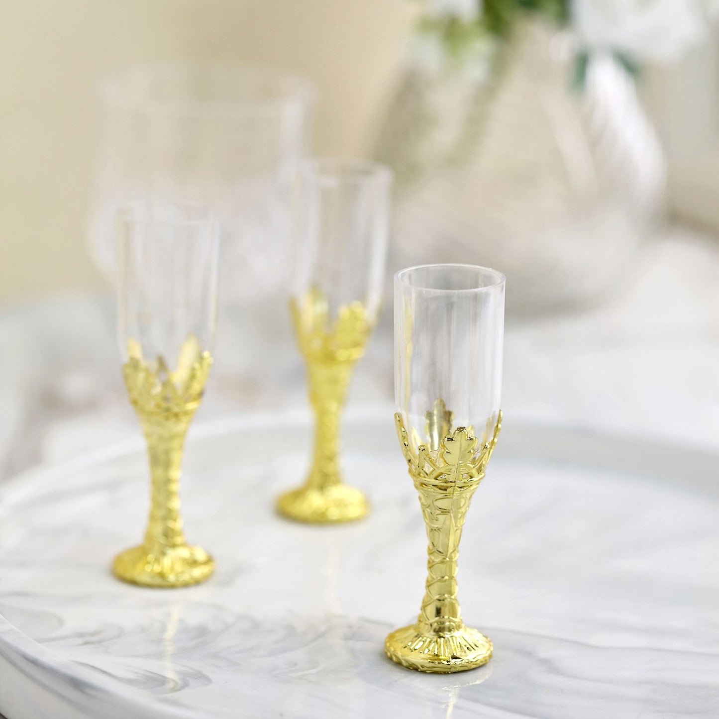 12 Pack | Gold Stem Clear Mini Champagne Flute Glass Party/Gift Favors - 4" Plastic